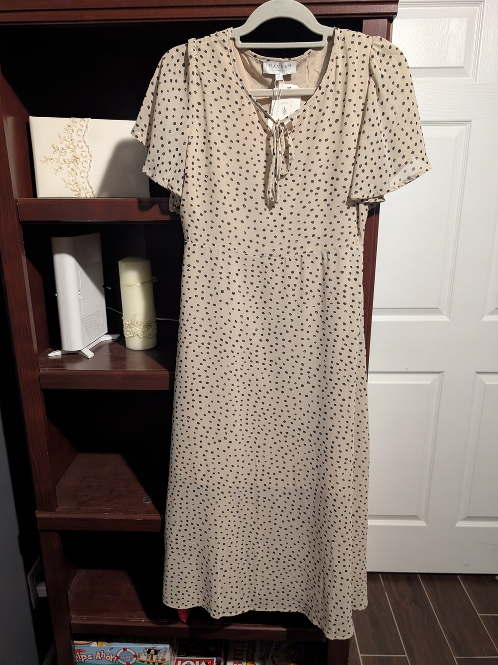 Light Beige Polka Dot Midi Dress with Tie Neck